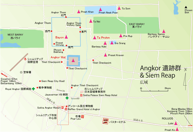 アンコールワット遺跡群とシェムリアップ広域地図